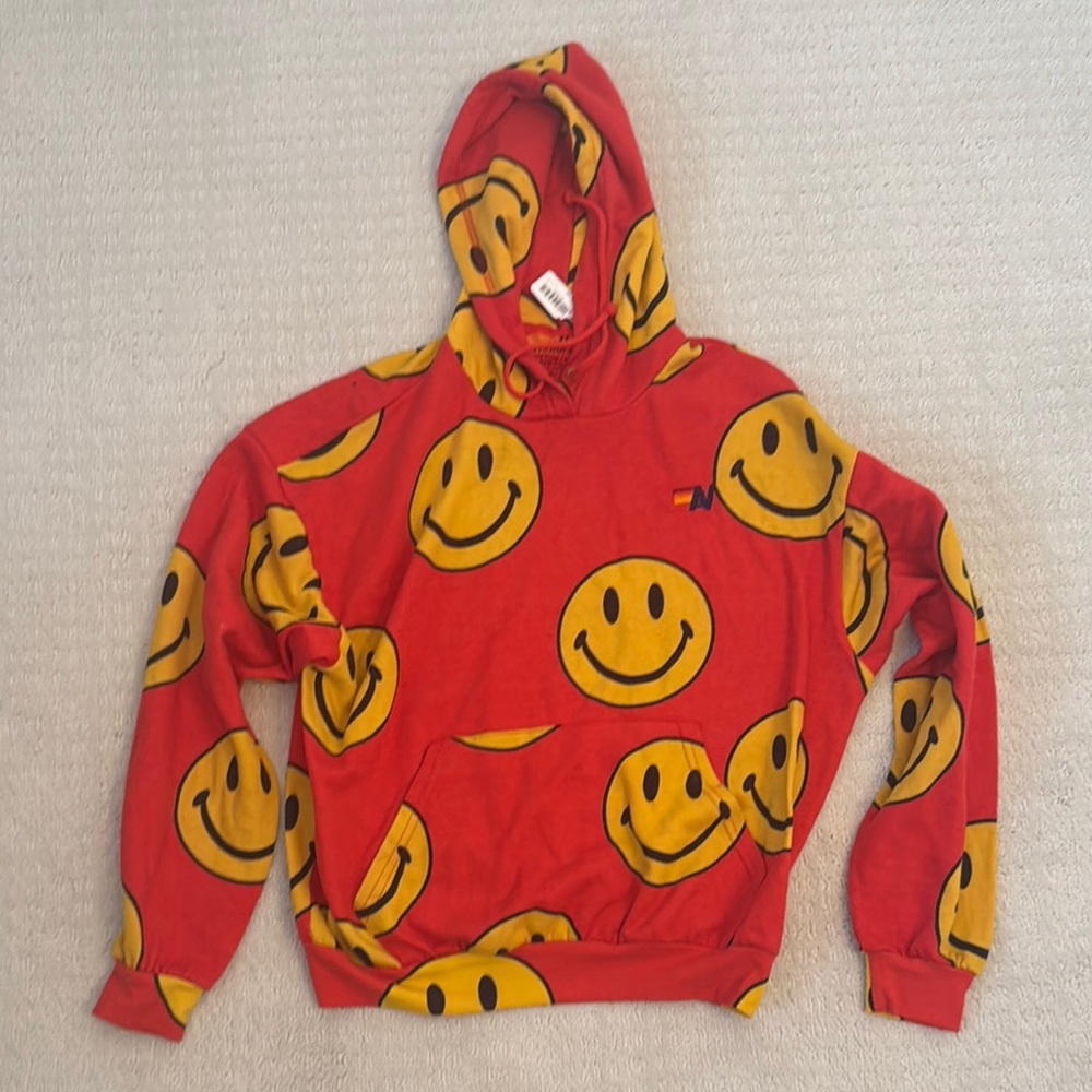 Brand New with Tags Aviator Nation Red Hoodie with Yellow Smiley Faces Size XS